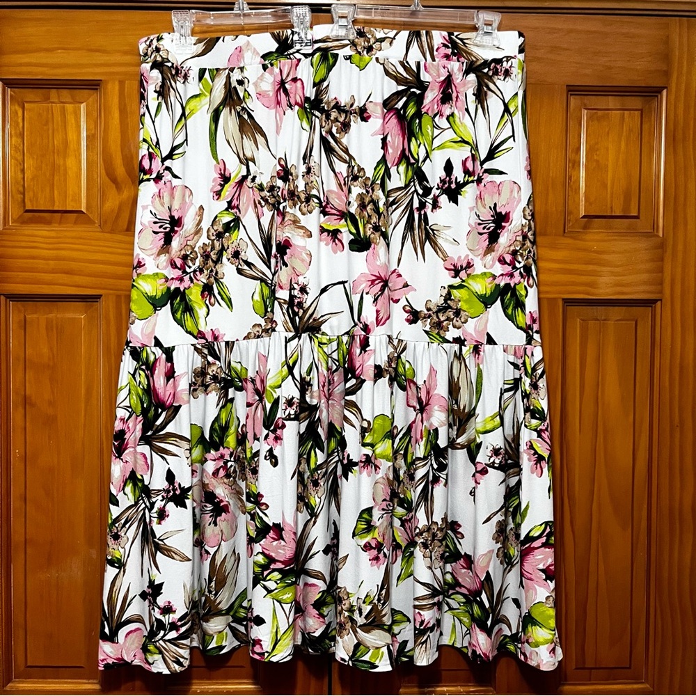 Lane Bryant Pink and Green A-Line Midi Skirt with Tiered Style for Casual Wear